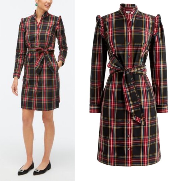 J. Crew Factory Dresses & Skirts - J. Crew Factory Ruffle Neck Shirt Dress Stewart Plaid Size 14 Holiday Christmas